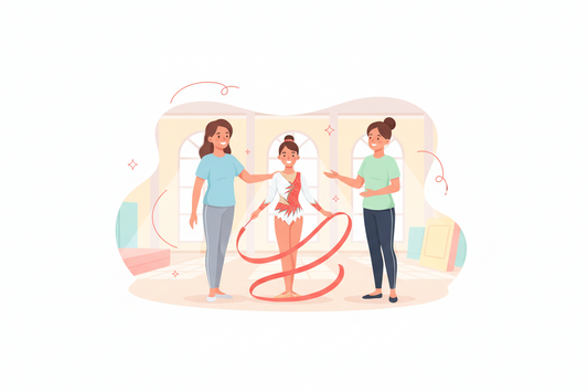 Young rhythmic gymnast with her parent and coach in a bright gymnastics hall, representing support, guidance and the beginning of a gymnastics journey.