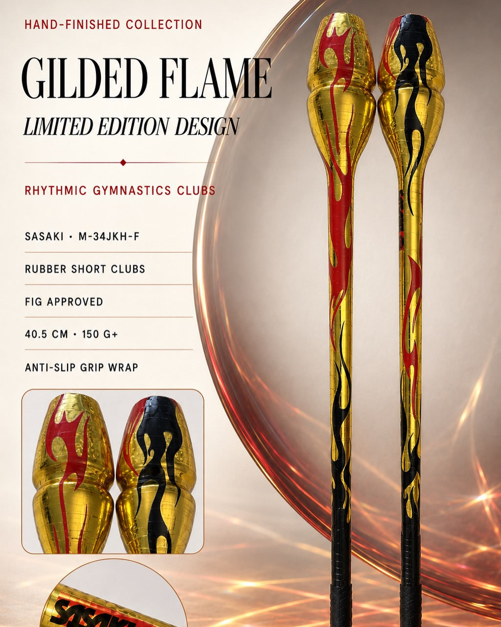 Gilded Flame hand-finished Sasaki rhythmic gymnastics clubs in gold red and black