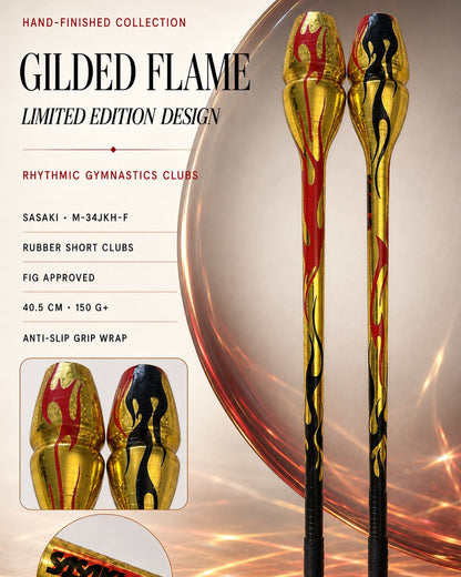 Gilded Flame hand-finished Sasaki rhythmic gymnastics clubs in gold red and black