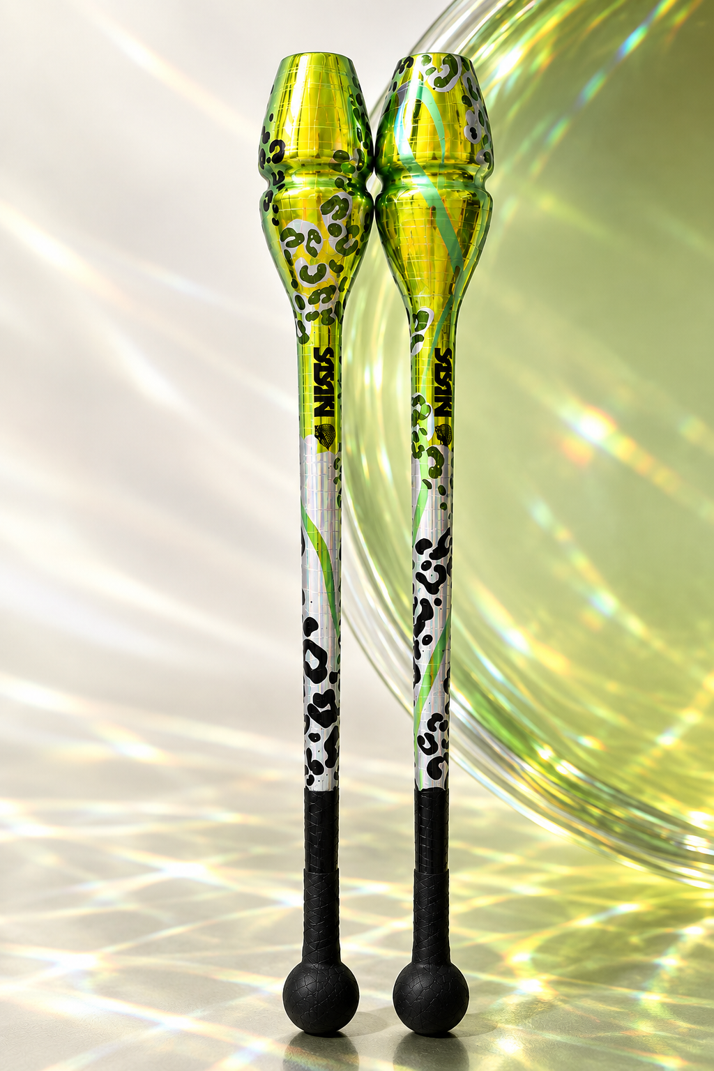 Jungle Lime hand-finished Sasaki rhythmic gymnastics clubs in lime green and animal print