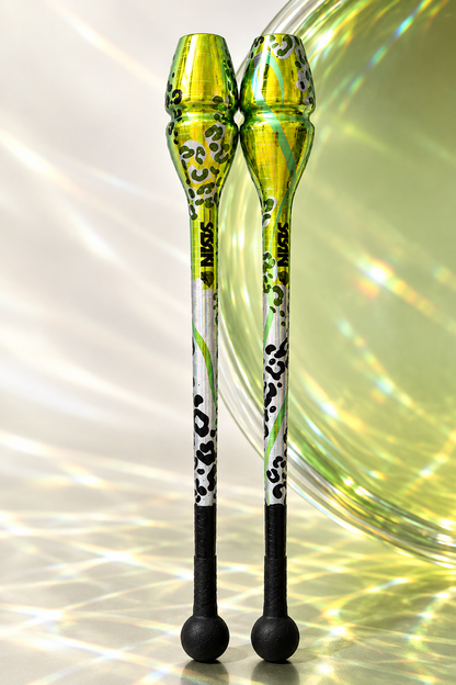 Jungle Lime hand-finished Sasaki rhythmic gymnastics clubs in lime green and animal print